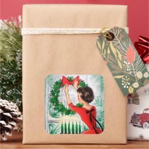 Cuadrada retro Vintage Christmaslady Holiday pegatina