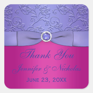 Cuadrada RIBBON Fuchsia IMPRESO, Pegatina Boda morado