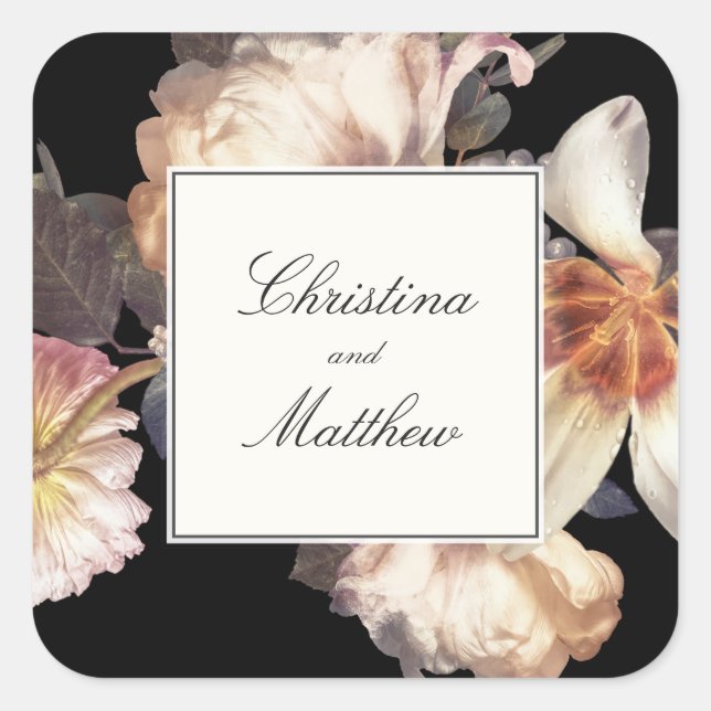 Cuadrada Rich Moody Wedding Favor Pegatina con nombres (Anverso)