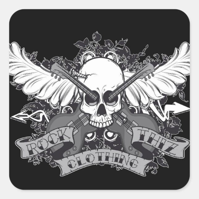 Cuadrada Rock Thiz Clothing Pegatina Skull, Wings & Guitar (Anverso)