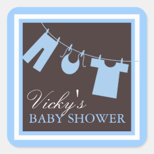 Cuadrada Ropa de Baby Shower en Pegatina de Favor Azul