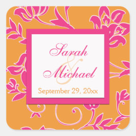 Cuadrada Rosa, blanco, Naranja Pegatina Boda cuadrado de 1,