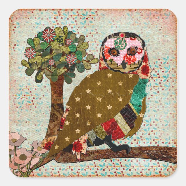 Cuadrada Rosa Owl Floral Pegatina (Anverso)