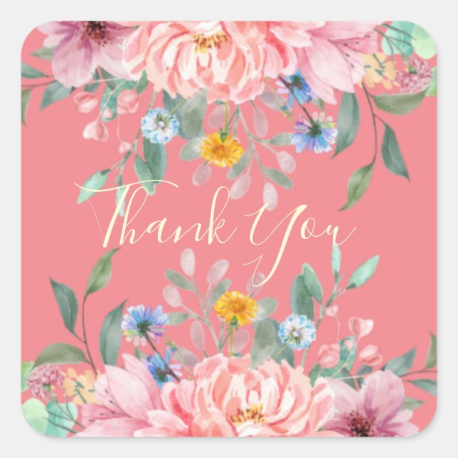 Cuadrada Rosa suave con flores pegatina cuadrado (Anverso)