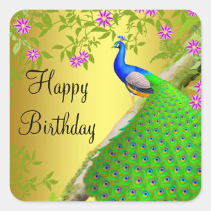 Cuadrada Royal Blue Peacock Feliz cumpleaños Pegatina