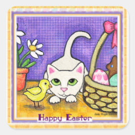 Cuadrada Saludo de Pascua Pegatina de gatos y polluelos