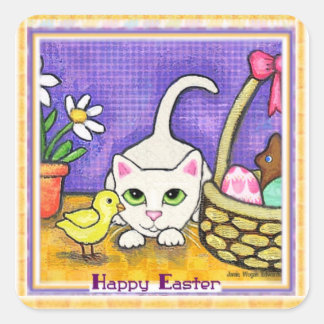 Cuadrada Saludo de Pascua Pegatina de gatos y polluelos
