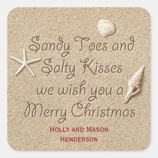 Cuadrada Sandy Toes Salty Kiss Feliz Pegatina de Navidad (Anverso)