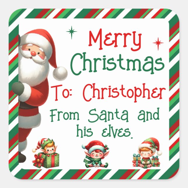 Cuadrada Santa y su Pegatina Elves para regalos para niños (Anverso)