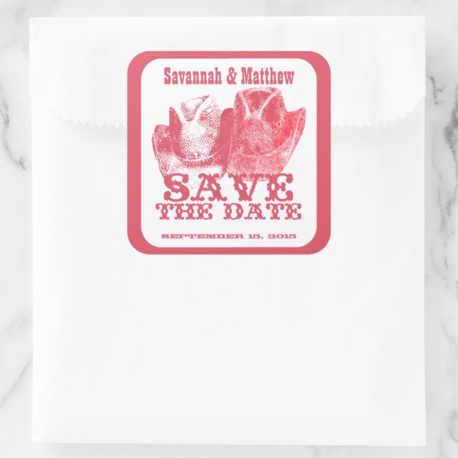 Cuadrada Save the Date Cowboy Gorras Pegatina Boda (Bolso)