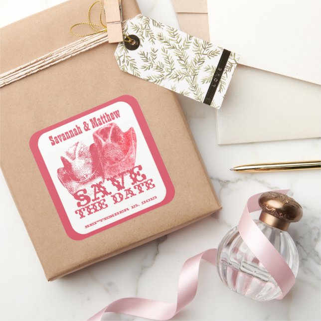 Cuadrada Save the Date Cowboy Gorras Pegatina Boda (Regalar)