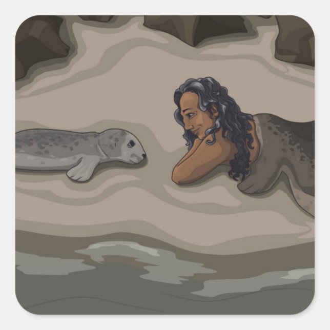 Cuadrada Selkie y Pup Pegatina (Anverso)