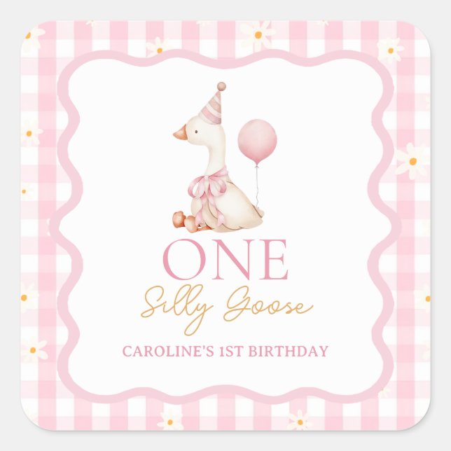 Cuadrada Silly Goose Daisy Gingham Primer Pegatina de cumpl (Anverso)
