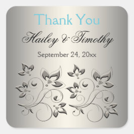 Cuadrada Silver, Aqua, Black Floral Gracias Pegatina