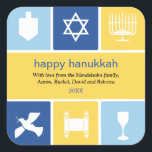 Cuadrada Simple Hanukkah Icons Pegatina<br><div class="desc">Este pegatina utiliza los íconos de Hanukkah para transmitir sus mejores deseos. Los brillantes colores azul y oro rodean los iconos de una copa dreidel, menorah y kiddush, entre otros, para enmarcar tu mensaje. Ideal como sellos para sobres o para quedarse en paquetes vacacionales o regalos. Disponible en colores alternativos...</div>