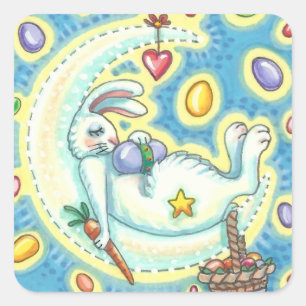 CUADRADA SLEEPY EASTER BUNNY JELLY BEAN SUEÑO LUNA PEGATINA