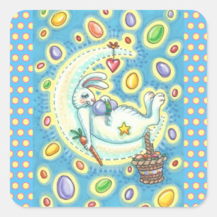 CUADRADA SLEEPY EASTER BUNNY JELLY BEAN SUEÑO LUNA PEGATINA