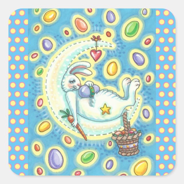 CUADRADA SLEEPY EASTER BUNNY JELLY BEAN SUEÑO LUNA PEGATINA (Anverso)