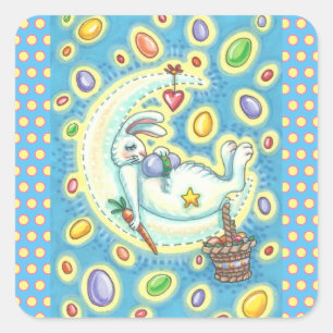 CUADRADA SLEEPY EASTER BUNNY JELLY BEAN SUEÑO LUNA PEGATINA