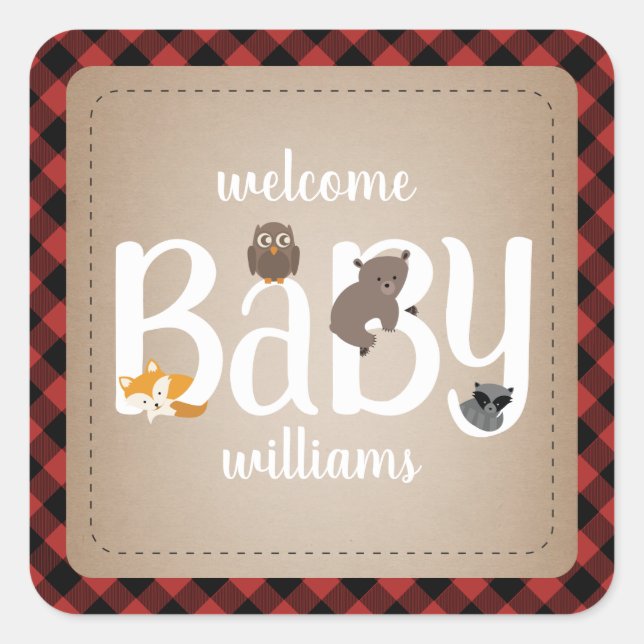 Cuadrada Sleepy Woodland Animals Plaid Pegatina (Anverso)