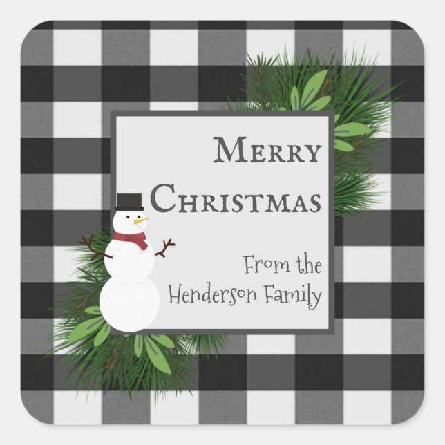 Cuadrada Snowman Buffalo Plaid Pegatina (Anverso)