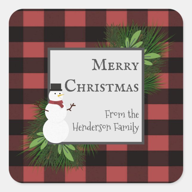 Cuadrada Snowman Red Buffalo Plaid Pegatina (Anverso)