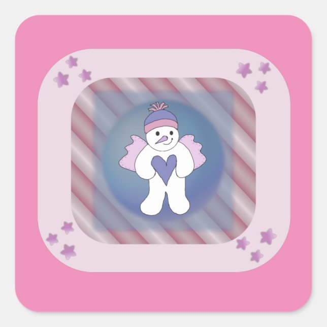 Cuadrada Snowman Snow Angel Pink Square Pegatina (Anverso)