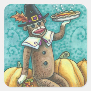 Cuadrada SOCK MONKEY PILGRIM GRACIAS PEGATINA SHEET Squ