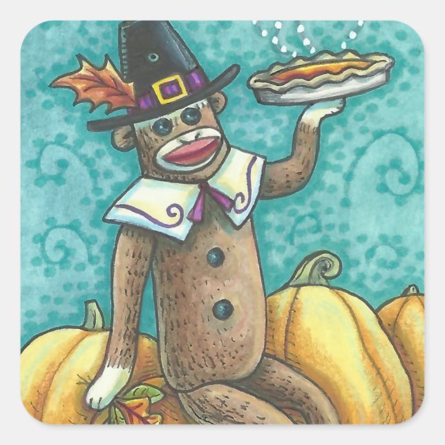 Cuadrada SOCK MONKEY PILGRIM GRACIAS PEGATINA SHEET Squ (Anverso)
