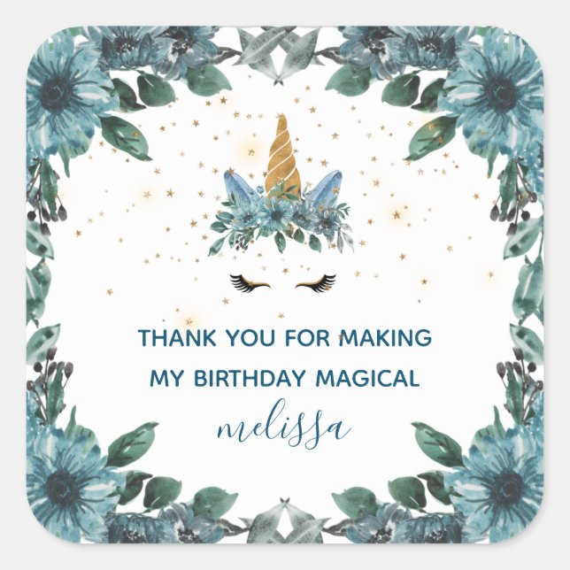 Cuadrada somnoliento unicornio azul floral gracias Pegatina (Anverso)