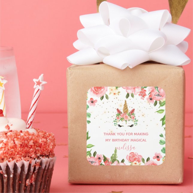 Cuadrada somnoliento unicornio floral gracias Pegatina (Fiesta)