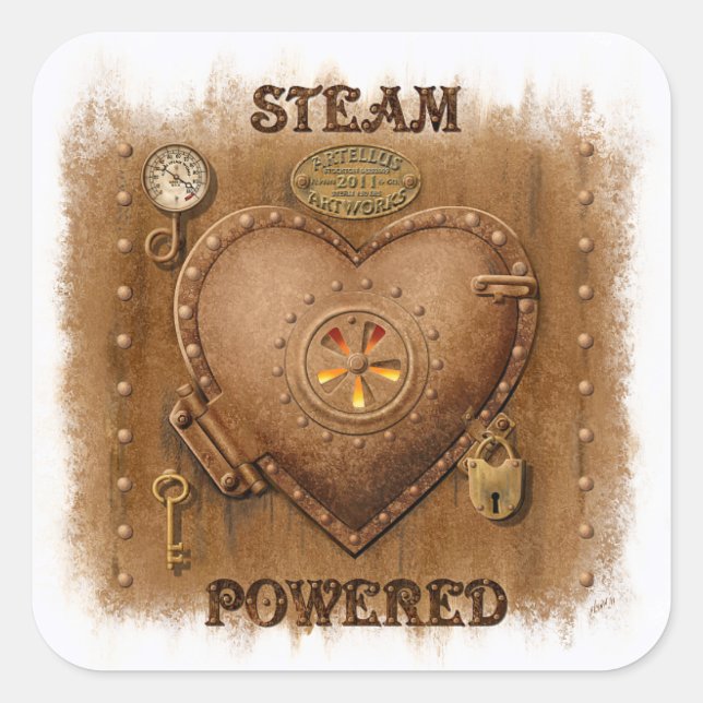 Cuadrada Steampunk Steam Powed Heart Pegatina (Anverso)