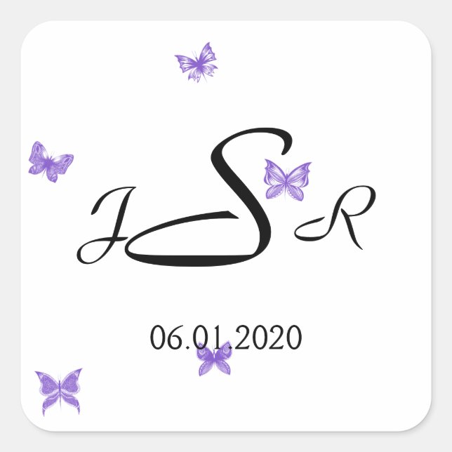 Cuadrada Sueños de mariposa: Pegatina Monograma Violeta (Anverso)