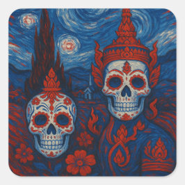 Cuadrada Sugar Skull Starry Night Pegatina