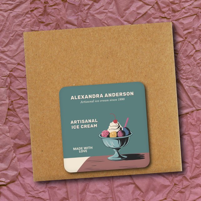Cuadrada Sundae - Salón helado hecho con Pegatina de amor (Sundae - Ice Cream Parlor Made with Love Sticker)