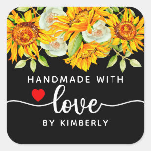 Cuadrada Sunflower hecho a mano con amor Pegatina de Black