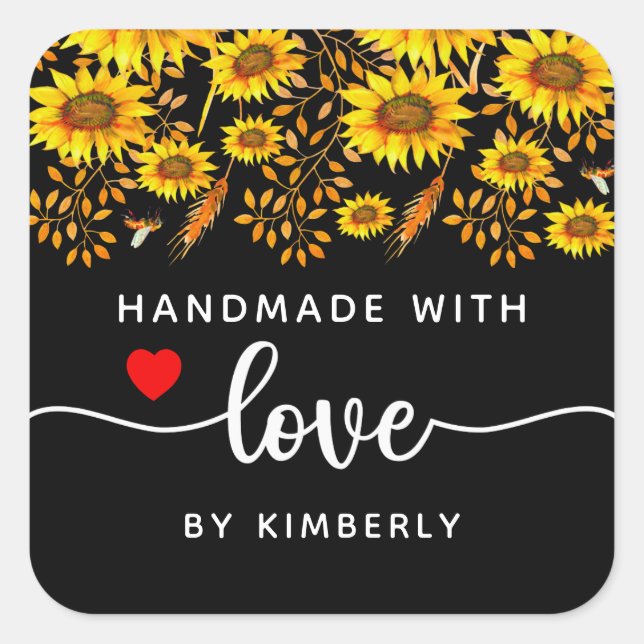 Cuadrada Sunflower hecho a mano con amor Pegatina de Black  (Anverso)
