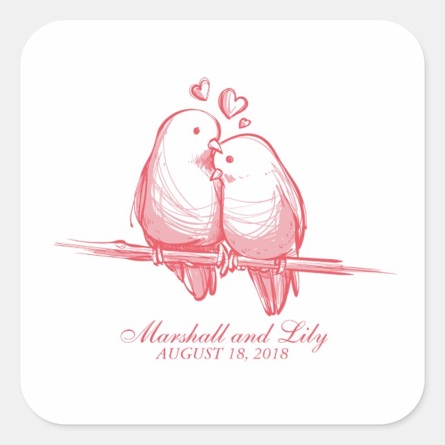 Cuadrada Sweet Lovebirds Valentine Boda Pegatina Seal (Anverso)