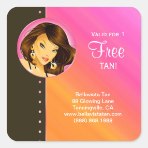 Cuadrada Tanning Salon Pegatina Naranja Rosa Brunette Mujer