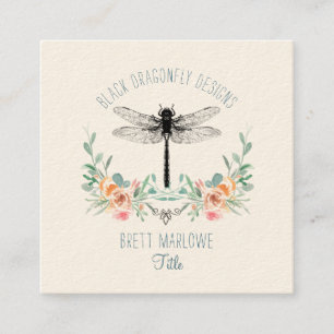 Cuadrada Tarjeta de visita Black Dragonfly Floral Square
