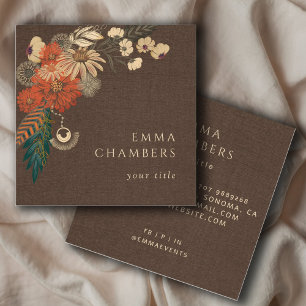 Cuadrada Tarjeta de visita Boho Floral Cream Brown Linen