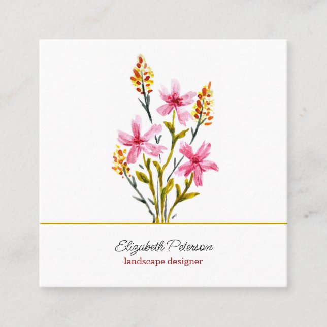 Cuadrada Tarjeta de visita con motivos de flores acuarelas. (Anverso)