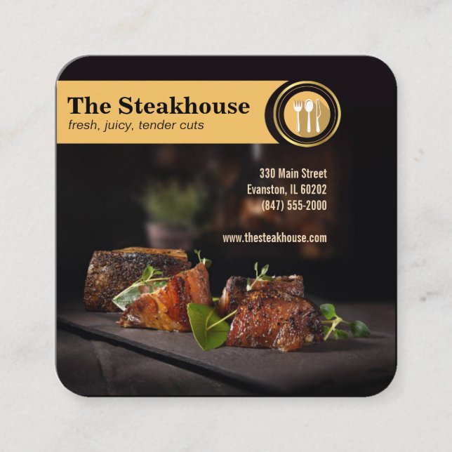 Cuadrada tarjeta de visita del restaurante-stetería (Anverso)