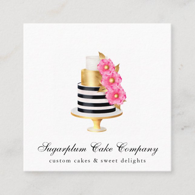 Cuadrada Tarjeta de visita Gold & Floral Cake & Bakery (Anverso)