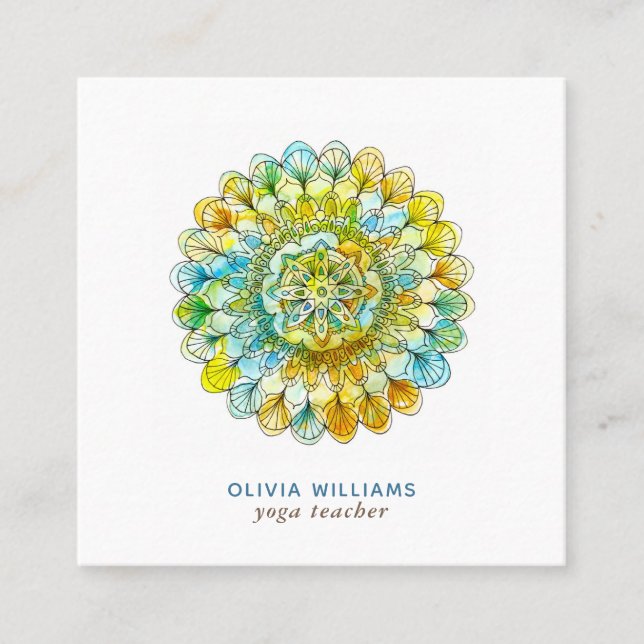 Cuadrada Tarjeta de visita Mandala Green Yellow Spirit Yoga (Anverso)
