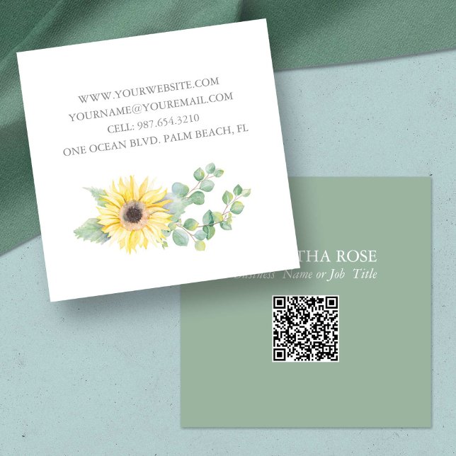 Cuadrada Tarjeta de visita QR Code - Floral acuarela (unique business cards florist watercolor yellow sunflower botanical eucalyptus greenery)