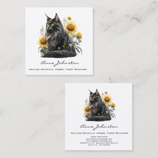 Cuadrada Tarjeta de visita Sunflowers and Black Cat Square (Anverso / Reverso)