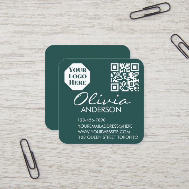 Cuadrada Tarjeta de visita verde premium con código QR (Anverso/Reverso In Situ)