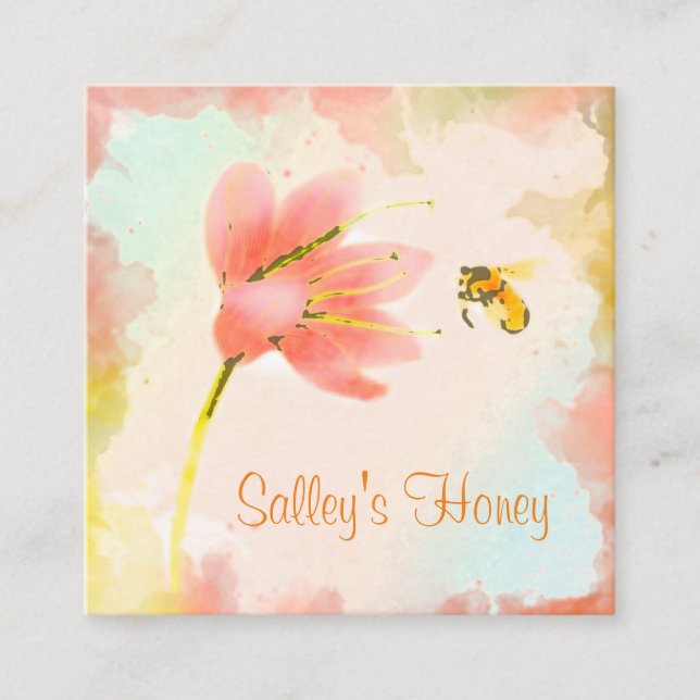 Cuadrada Tarjeta de visita Watercolor Bee and Flower Honey (Anverso)