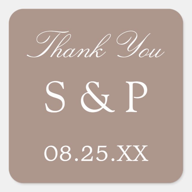 Cuadrada Taupe Wedding Favor Gracias Pegatina (Anverso)